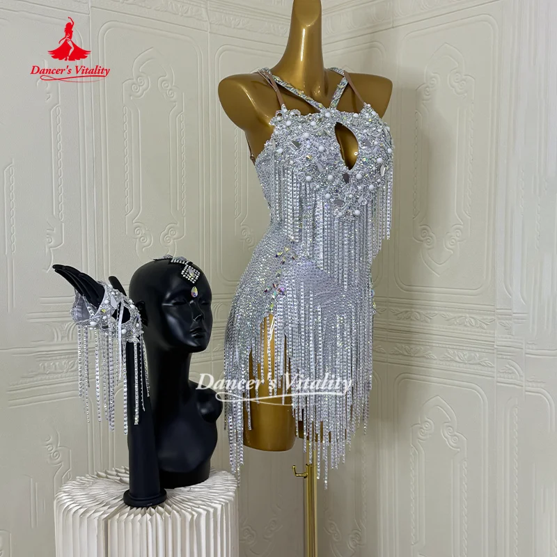 Latein-Tanz-Performance-Kostüm für Damen, maßgeschneidert, Senior AB Stones Fransenkleid, lateinamerikanische Wettbewerbskleidung, Tänzersvitalität