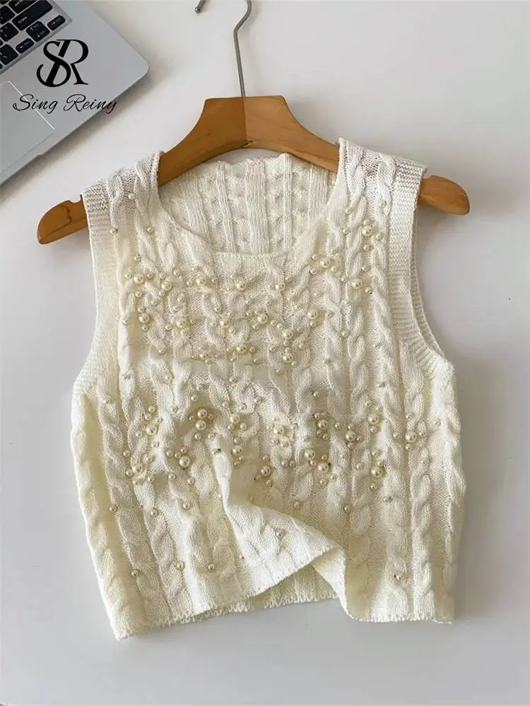 Female Pearl Beading Vest Designer-Inspired Sleeveless O Neck Sweater Tops Autumn Twist Drill Chic Knitting Pullovers