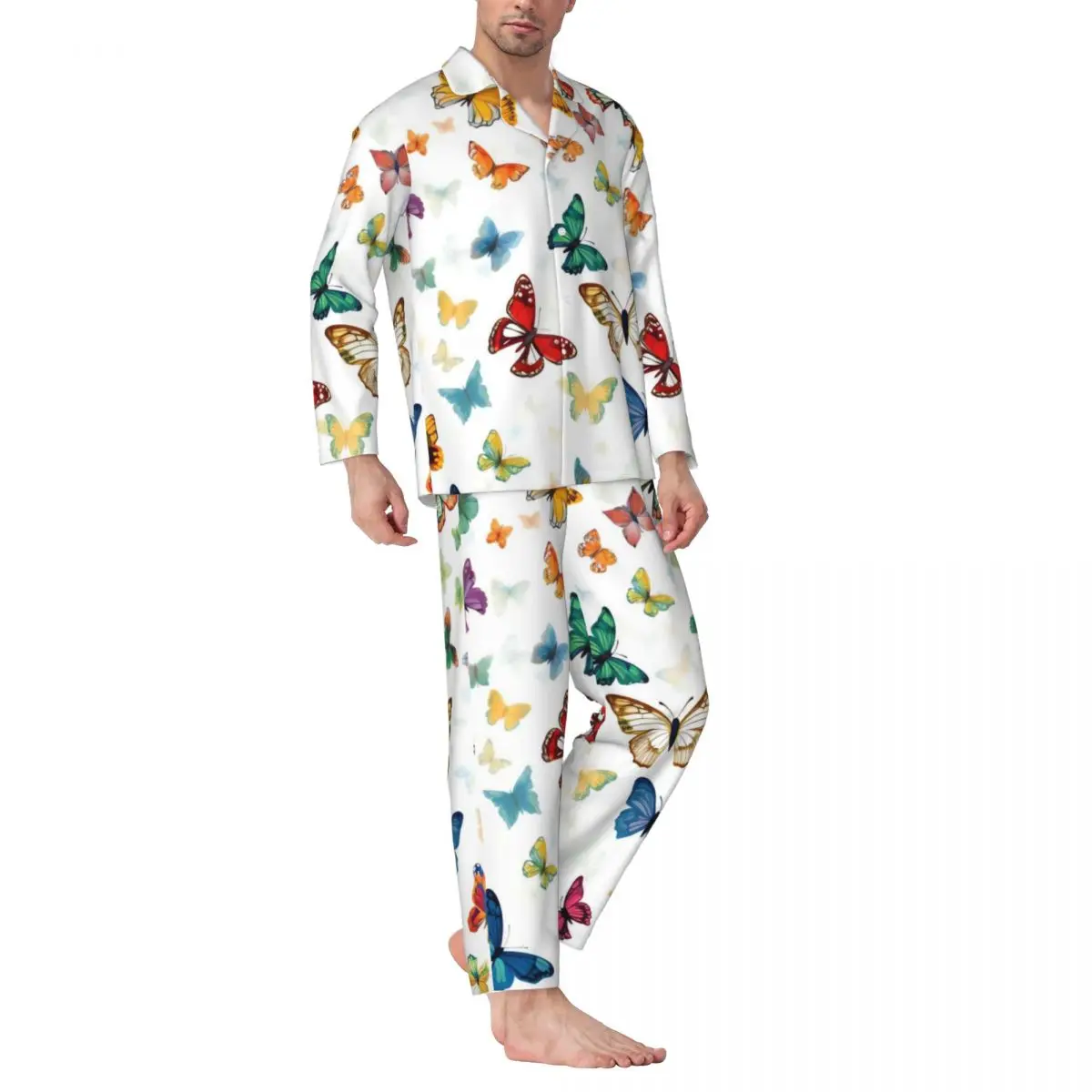 Color Butterflies Pajamas Men Animal Print Trendy Leisure Sleepwear Spring 2 Pieces Casual Oversized Custom Home Suit