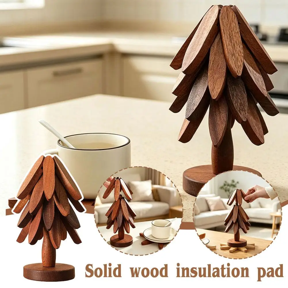 Christmas Tree Wooden Trivet Set Heat Resistant Table Mats with Storage Stand for Teapot Bowl Pot Kitchen Home Decor view 4