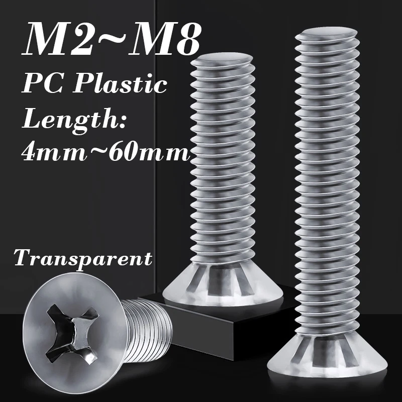 10~50 Pcs PC Countersunk Head Phillips Screw M2 M2.5 M3 M4 M5 M6 M8 Flat Head Acrylic Insulated Plastic Transparent Screw