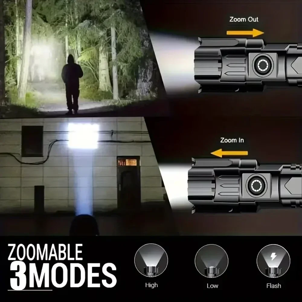 Lanterna led com zoom recarregável, tocha portátil com 3 modos, à prova d'água, alta potência, lâmpada manual para trabalhar, acampamento ao ar livre