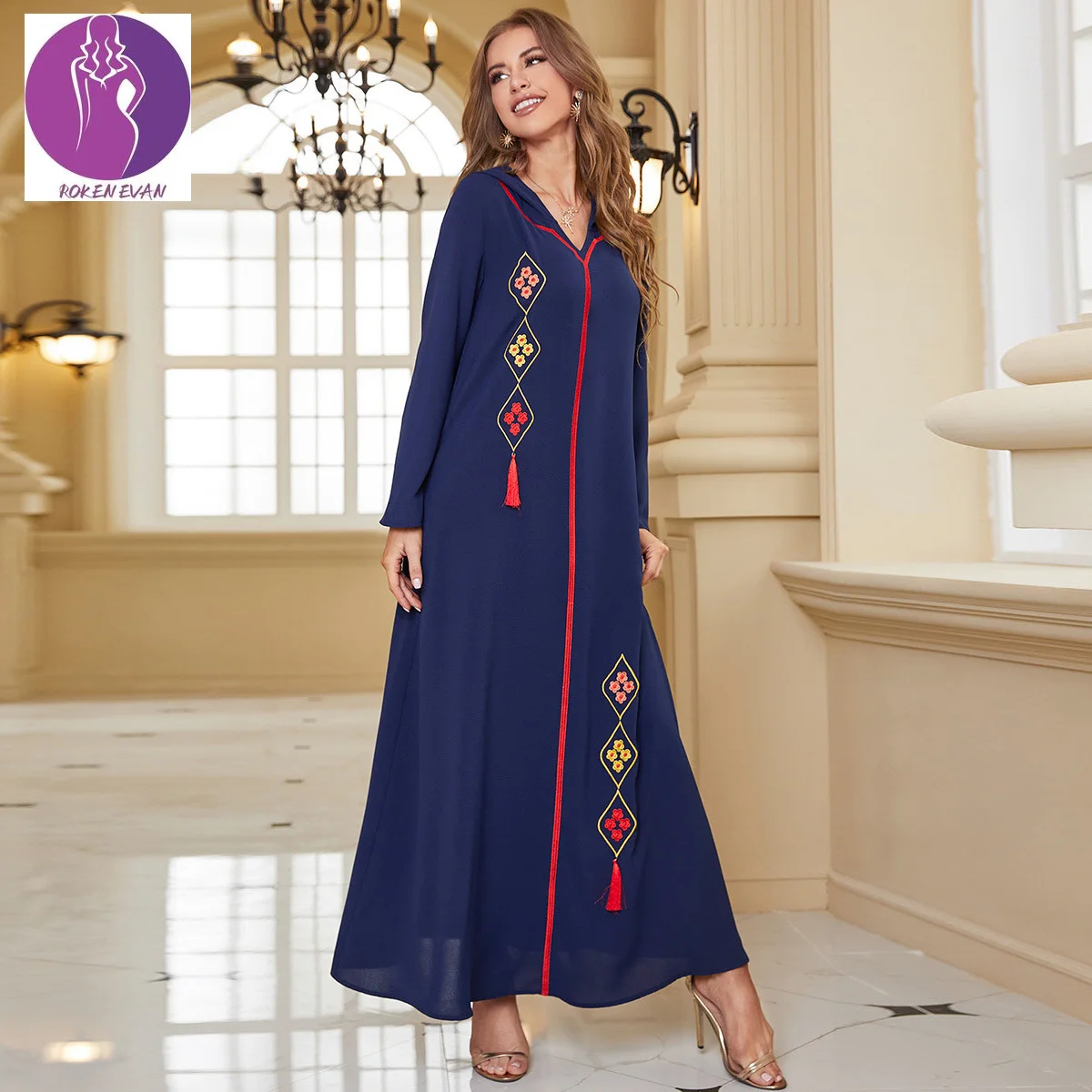 

2022 Abayas For Women Dubai Indian Wedding Dress Fashion Embroidered Muslim Moroccan Kaftan Summer Blue Hooded Leisure Dress