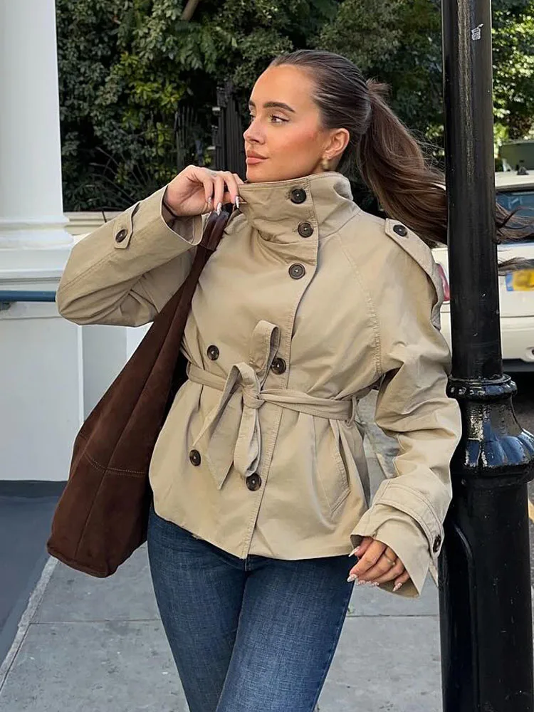 

HH Female New Fashion Double-breasted Pockets Lace-up Trench Coat Long Sleeve Jacket Women Autumn Casual Street Short Coat