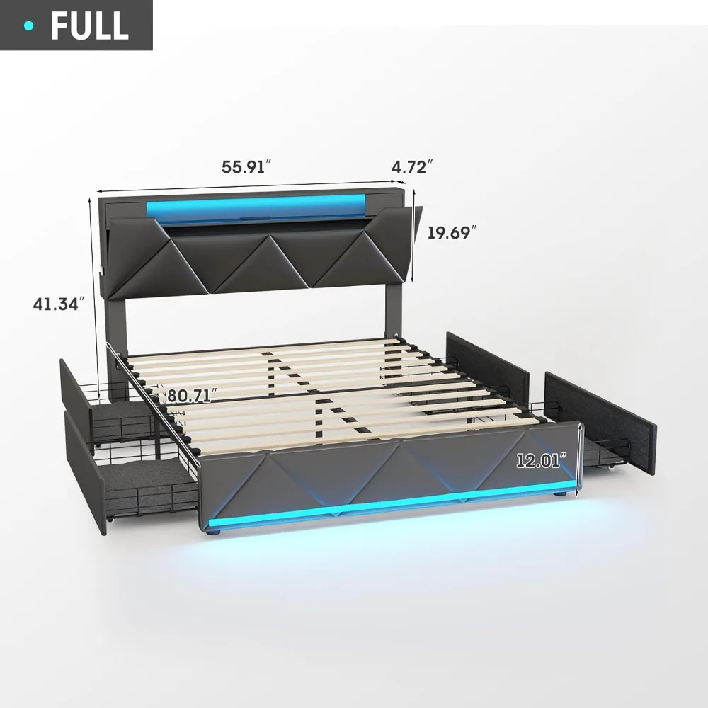 Full Bed Frame with Storage Headboard and 4 Drawers,Upholstered Platform with Charging Station and Led Lights