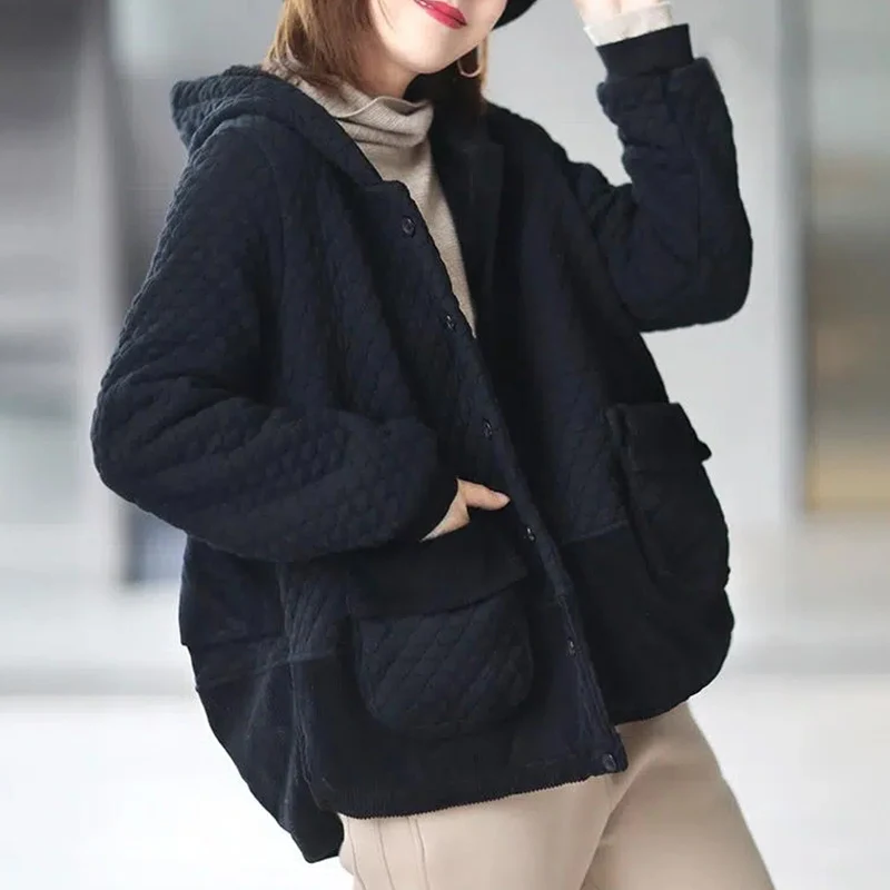 

Женская хлопковая куртка большого размера, повседневная шикарная толстовка с капюшоном, осень-зима, новый универсальный открытый кардиган, корейский сле