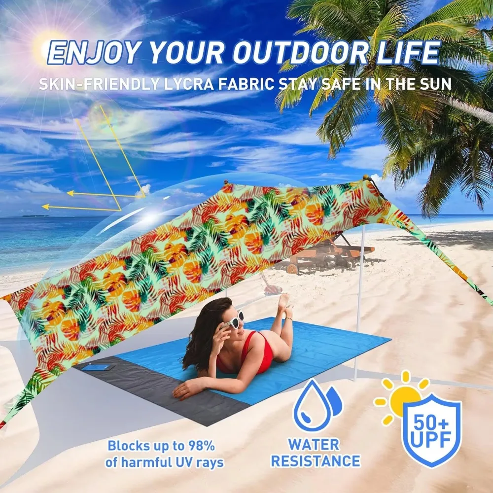 مظلة منبثقة UPF50+ 4 عمود تثبيت/حقيبة حمل/حبل مصدات الرياح محمول في الهواء الطلق مظلة عائلية للتخييم والشاطئ وصيد الأسماك والنزهة