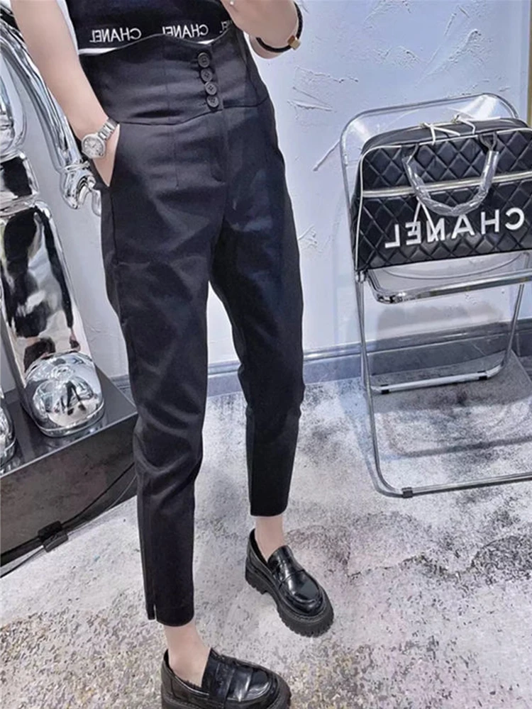 High waisted and small footed suit pants women autumn 2025 new single breasted slim fit casual eight point harem pants