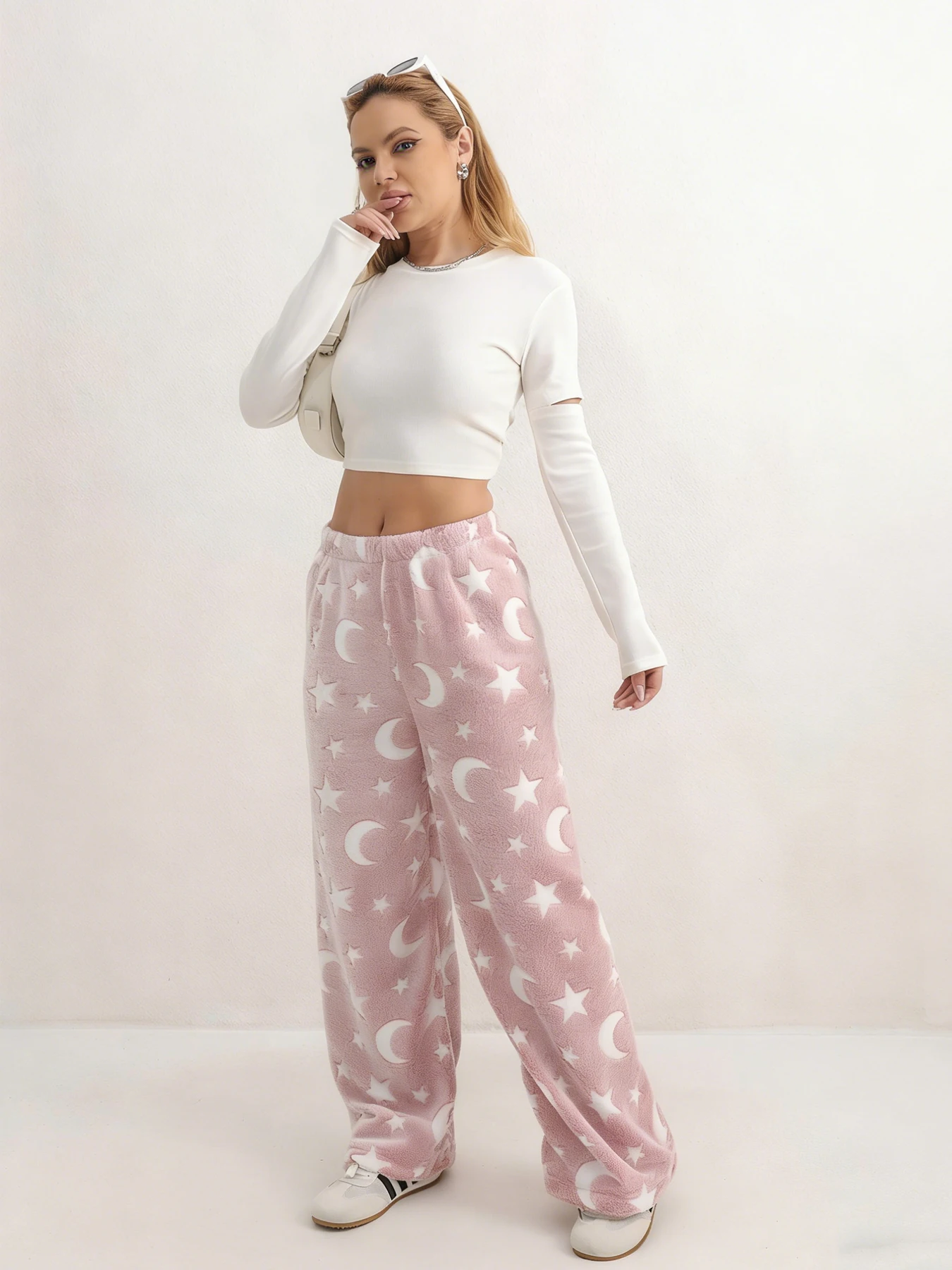 

Плюшевые брюки с принтом «Новолуние и звезды», теплые, мягкие, удобные, с эластичной резинкой на талии для повседневной домашней одежды, идеально подходящие для осени и зимы