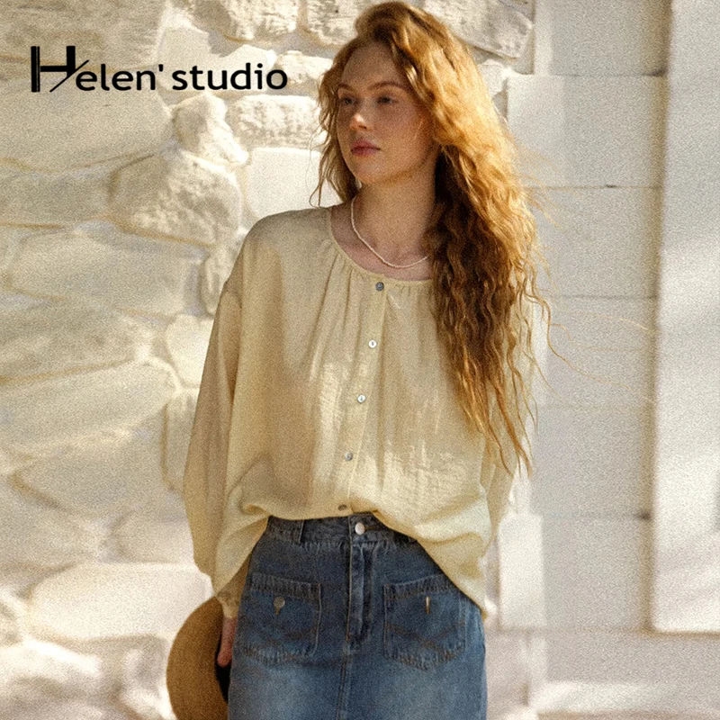 

Autumn Cotton Linen Shirt Women Tops Loose Long Sleeve Casual Shirts Mori Tie Wind Round Neck Thin Sunscreen Cardigan Streetwear