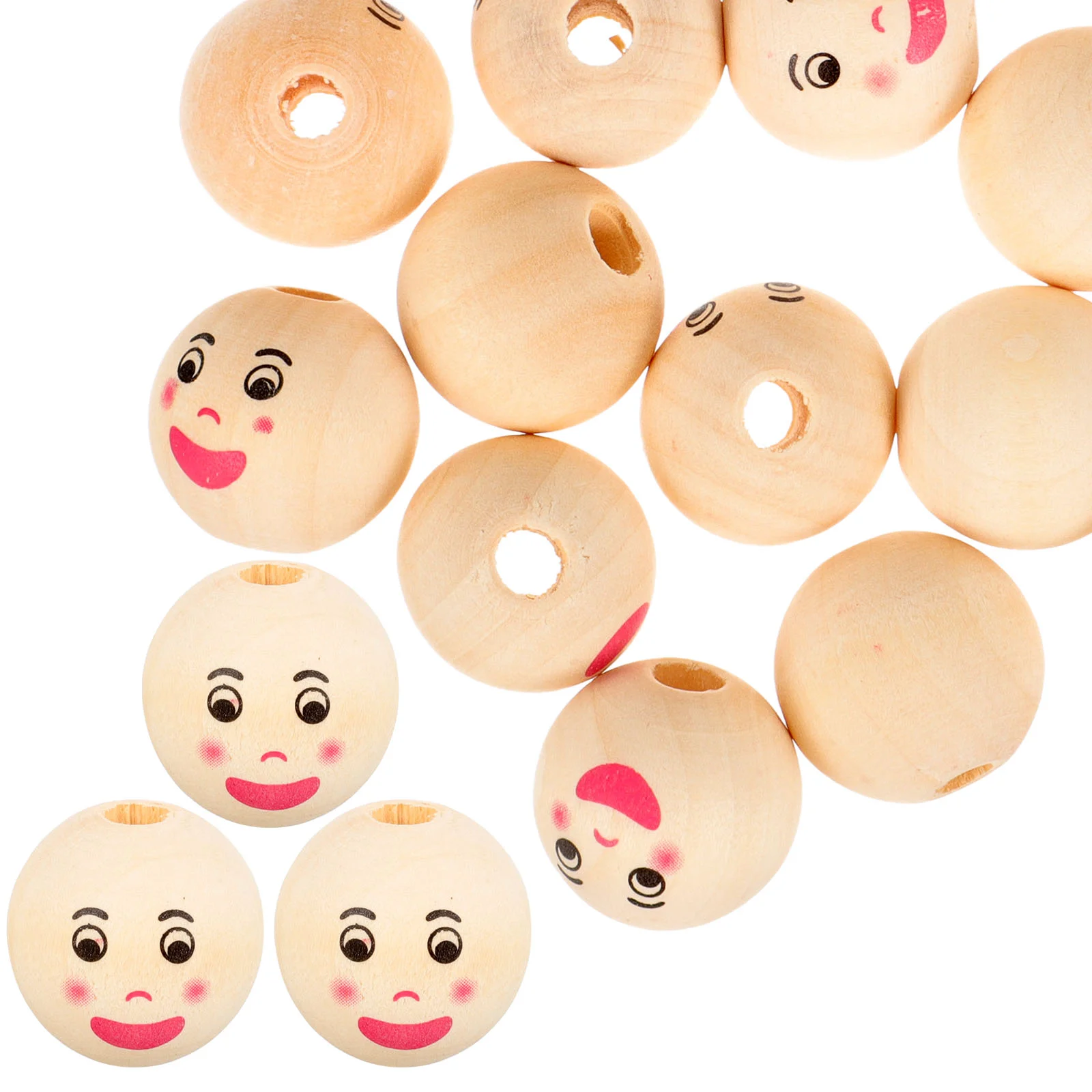 40 Pcs DIY Children Beading Wood Craft Beads Face Pattern Wreath Garland Natural for Bracelets Large Hole Jewelry Making Crafts