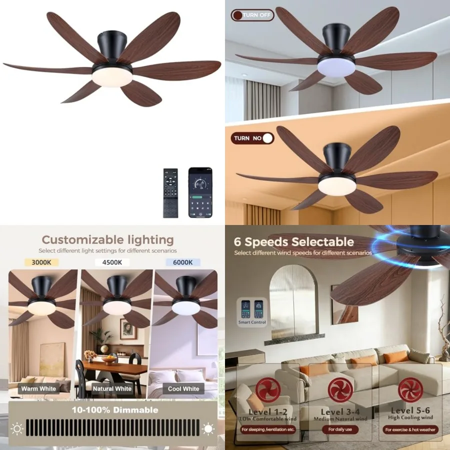 

Ceiling Fans with Lights, 42" Flush Mount Ceiling Fan with Light and Remote Control, Low Profile, Reversible, Dimmable, Noisele