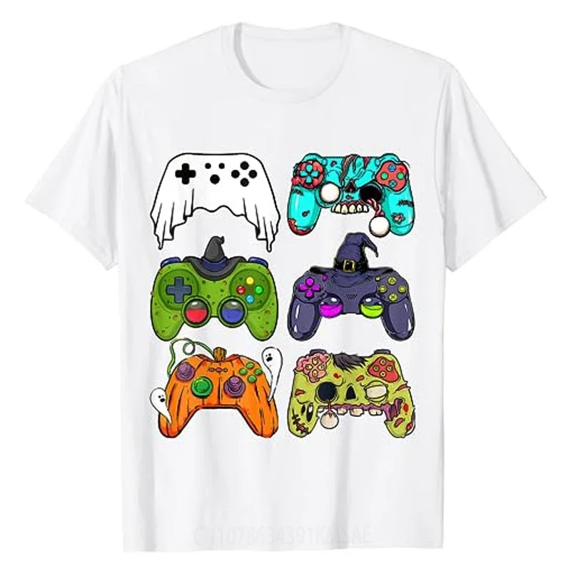 Skeleton Zombie Gaming Controllers Halloween for Gamer Boys T-Shirt Ghoulish Party Graphic Tee Tops Short Sleeve Blouses Gifts