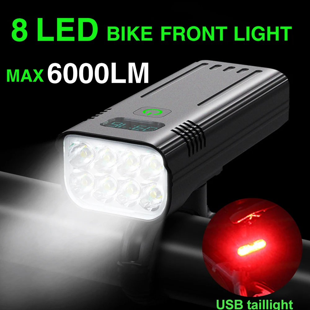 8 LED Bike Light Bicycle Light Flashlight 6000 Lumen Rechargeable Front and Back Rear Light Outdoor MTB Road Cycling Accessories