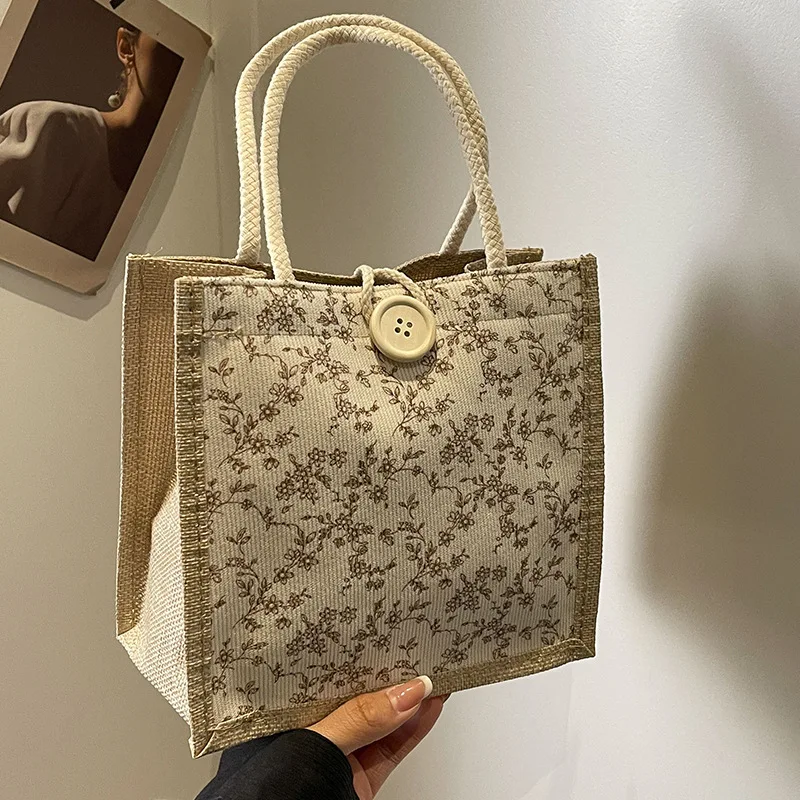 Floral Pattern Cotton Tote Bag Large Capacity Portable Versatile Handbag Gift Packing Bag Lunch Bag Linen Button Shopping Bag