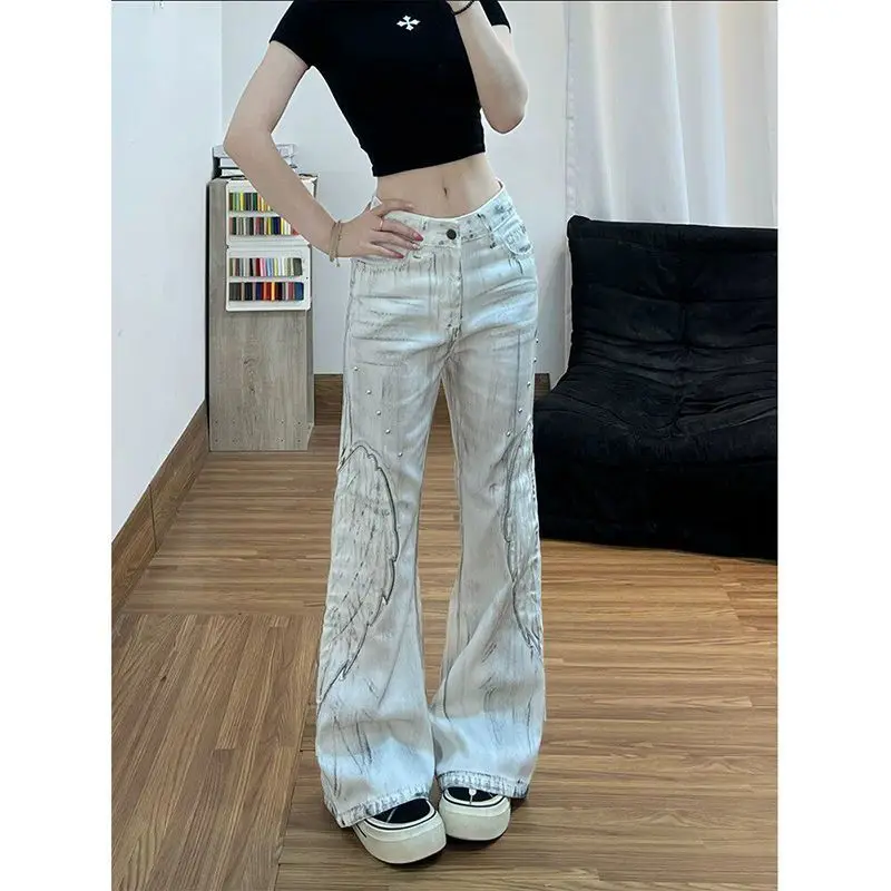 American retro wing applique jeans new autumn style stylish punk fit slimming and flattering wide-leg pants Punk High Street Y2K