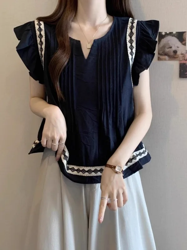 

Blue V-neck Shirt Women's Summer plus Size Doll Shirt Ethnic Style Top Lace Trimmed Flying Sleeves Korean Style Loose Fit