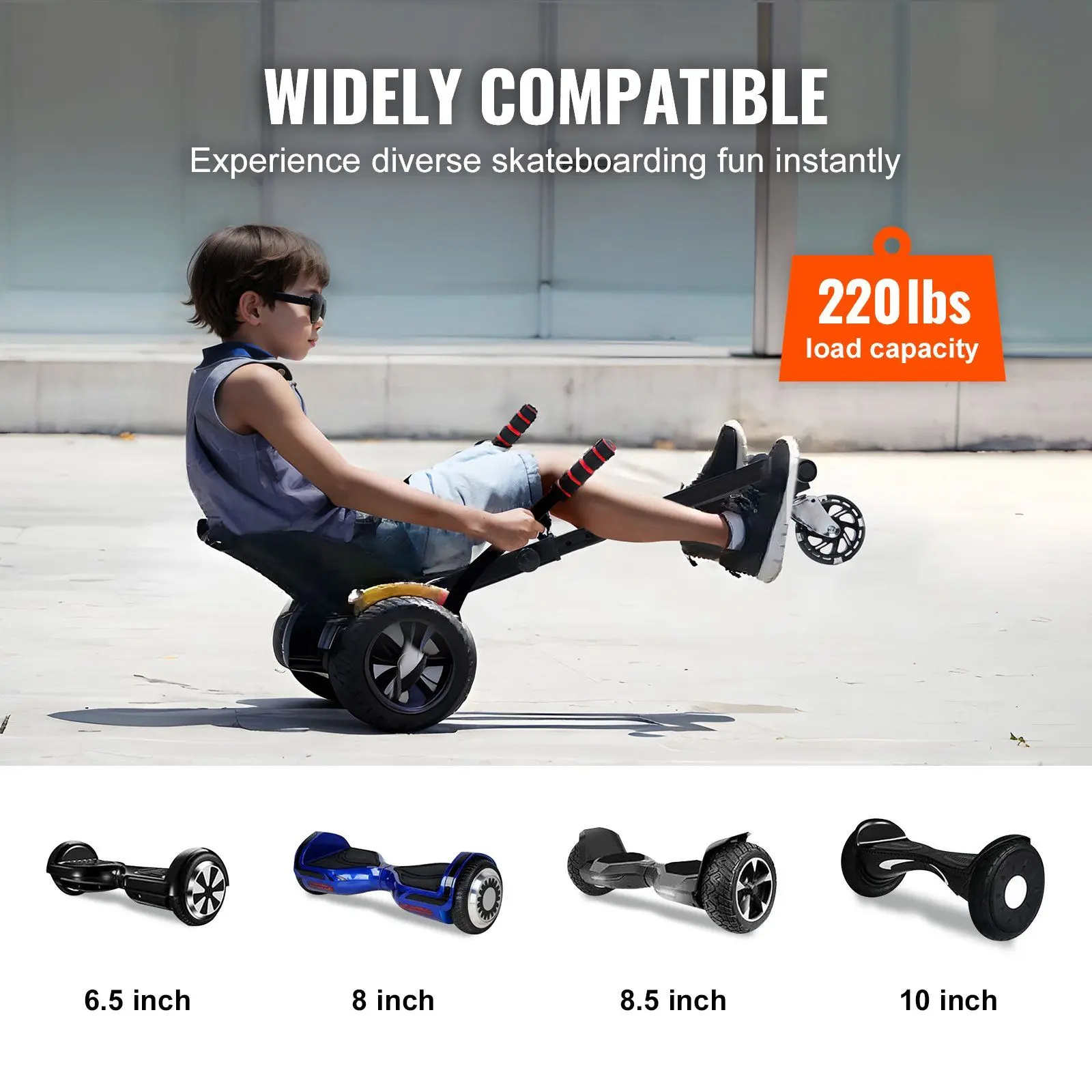 مرفق مقعد Hoverboard، لألواح Hoverboard مقاس 6.5 بوصة و8 بوصة و8.5 بوصة و10 بوصات، مع أضواء LED وتحكم في القبضات