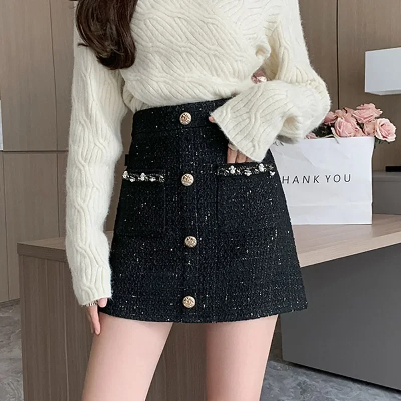 Woolen Tweed Skirts Women Elegant Mini Skirt Harajuku Slim Office Lady Pockets Golden Buttons Pencil Skirt Autumn Winter O360