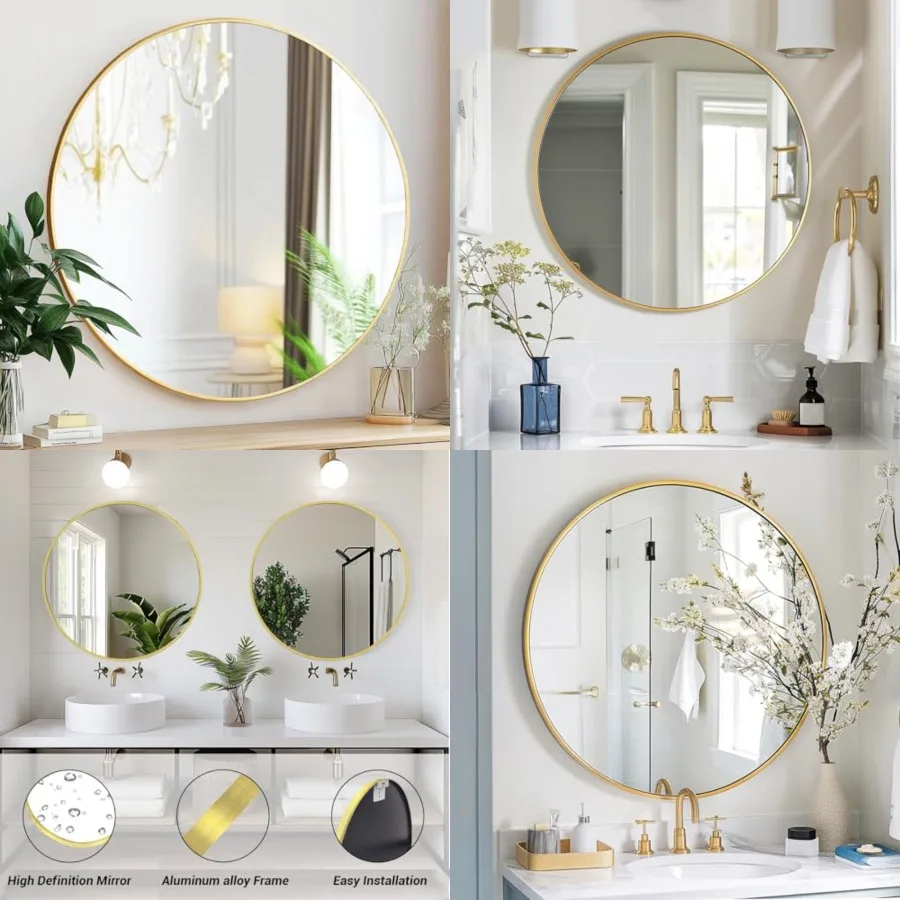 

Round Mirror, 4 inch Circle Mirror, Brushed Metal Frame Bathroom Mirrors, Round Wall Mounted Mirrors for Bathroom, Hallway, Liv