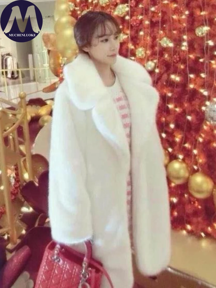 

Женское пальто из искусственного меха с большим воротником, средней длины, свободная посадка, теплая повседневная корейская модная осенне-зимняя толстая плюшевая верхняя одежда