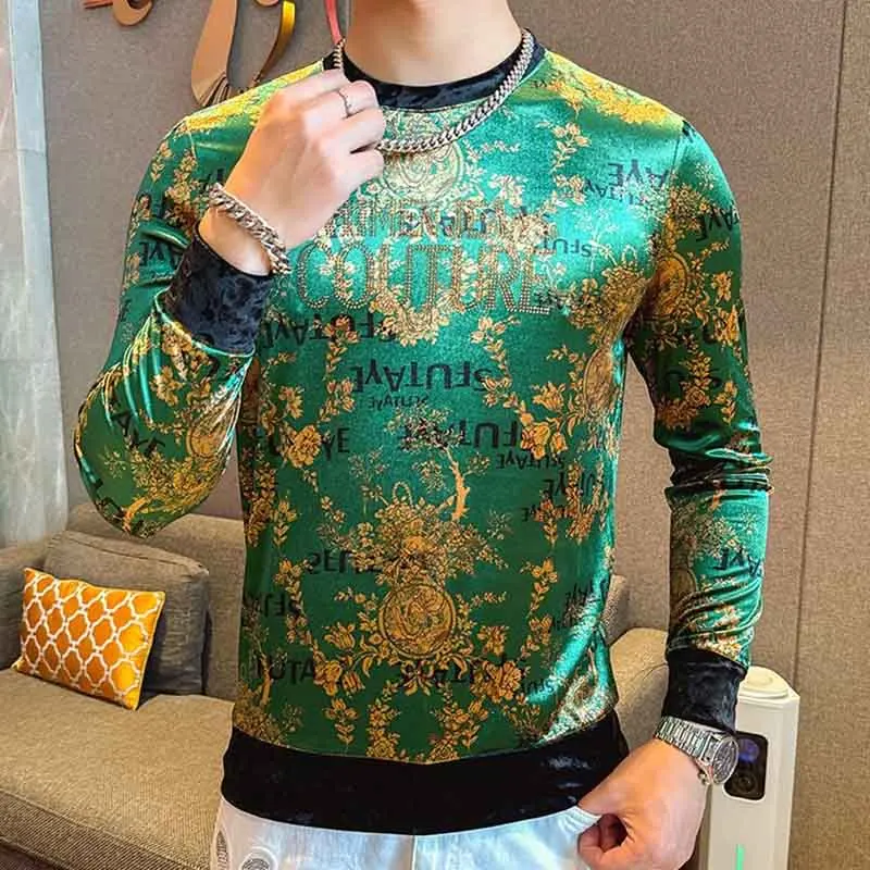 Fall/Winter Men's Gold Velvet Jacquard New Long Sleeve Fashion European Men's T-Shirt Crew Neck Sweatshirt