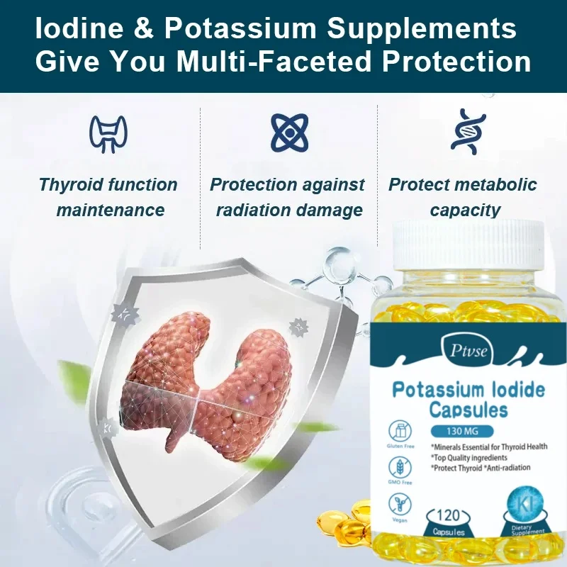 Ptvse Potassium Iodide Capsules KI (Stable Iodine) 130 mcg per Day - Thyroid Support Supplement