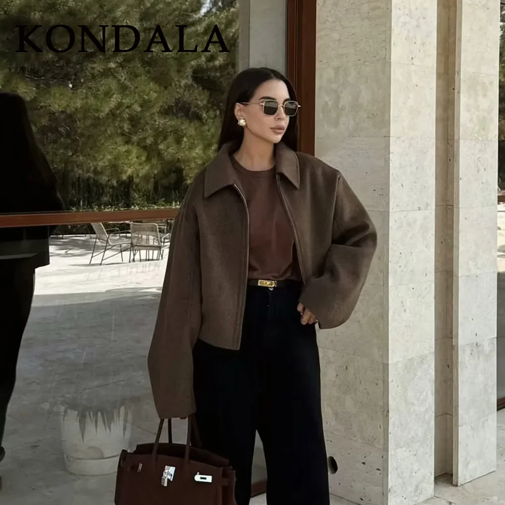 KONDALA 2026 Spring Women Casual Solid Jackets Fashion Streetwear Zipper Turn Down Collar Chic Ladies Jackets