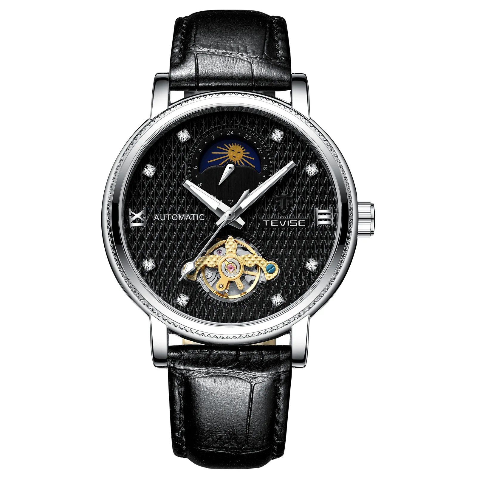 2025 Fashion Tevise Automatic Mechanical Mens Watch With Genuine Leather Strap Luminous Moon Phase Tourbillon And Popular Design