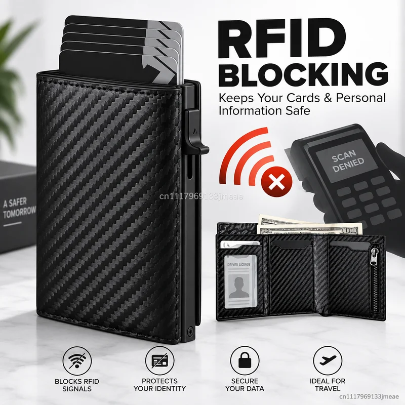 RFID Barrier Pop up Wallet Ultra Thin Aluminum Deck Carbon Fiber Credit Card Cover with Zipper Coin Pocket