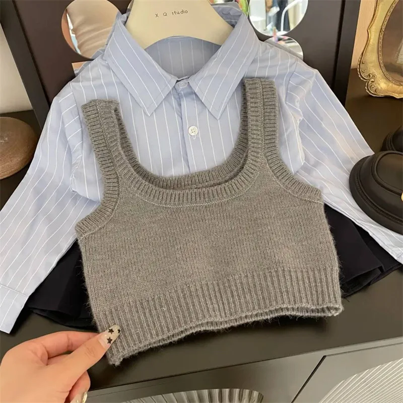 Girls Sweet Suits Spring Autumn Outfit Baby Infant Kids Children College Pleated Skirt+Sweater Vest+Shirt 3Pcs Sets