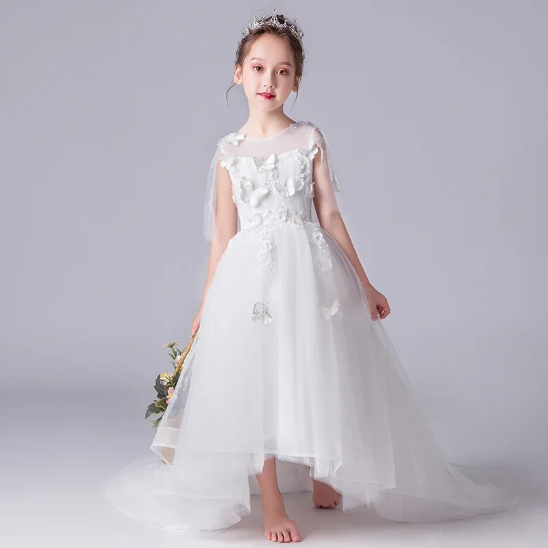 Long Trailing Appliques Lace Kids Princess Dress For Birthday Party Wedding White Ball Gown Elegant Formal First Communion Dress