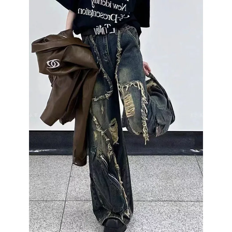 Streetwear Deconstructed Frayed Jeans Women Distressed Cargo Big Pockets Ripped Floor-Length Loose Fit Summer Trendy Slacks