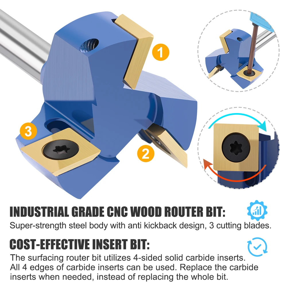 XCAN Milling Cutter for Wood 3 Flute Wood Planer Bit Face Mill Insert Carbide Slab Spoilboard CNC Surfacing Router Bit 8mm Shank