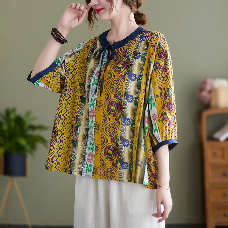 Color Blo Algodón Lino Estampado irt Tamaño grande Mujer redondo Ne Tie Five Sve Top de lino con dobladillo asimétrico