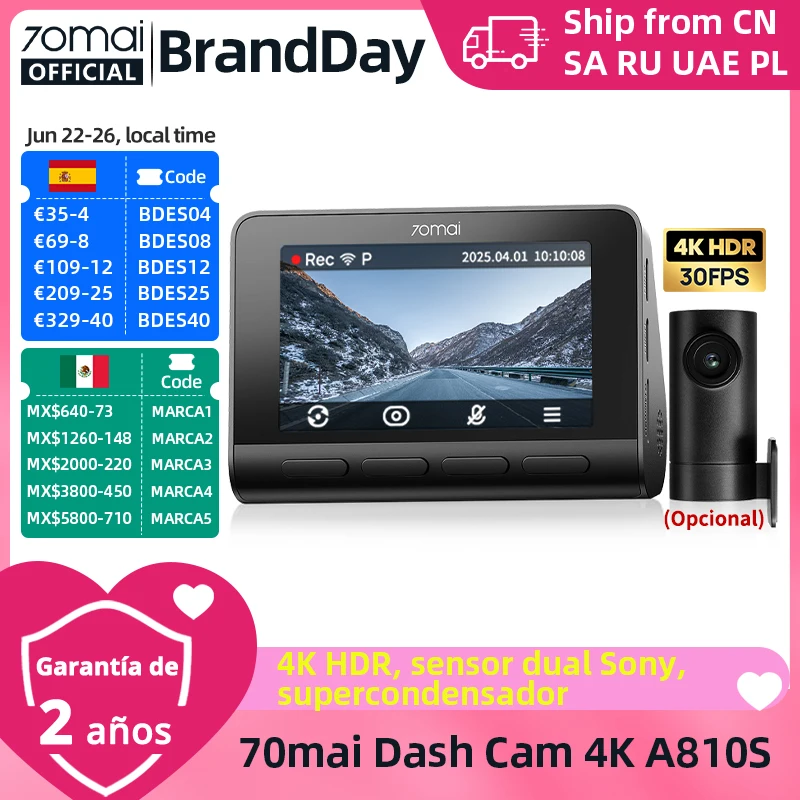 Cámara para Auto 70mai Dash Cam 4K A810S HDR IMX678 con Supercondensador, 4G LTE, Control Remoto, Wi-Fi 6, Control por Voz, GPS, ADAS