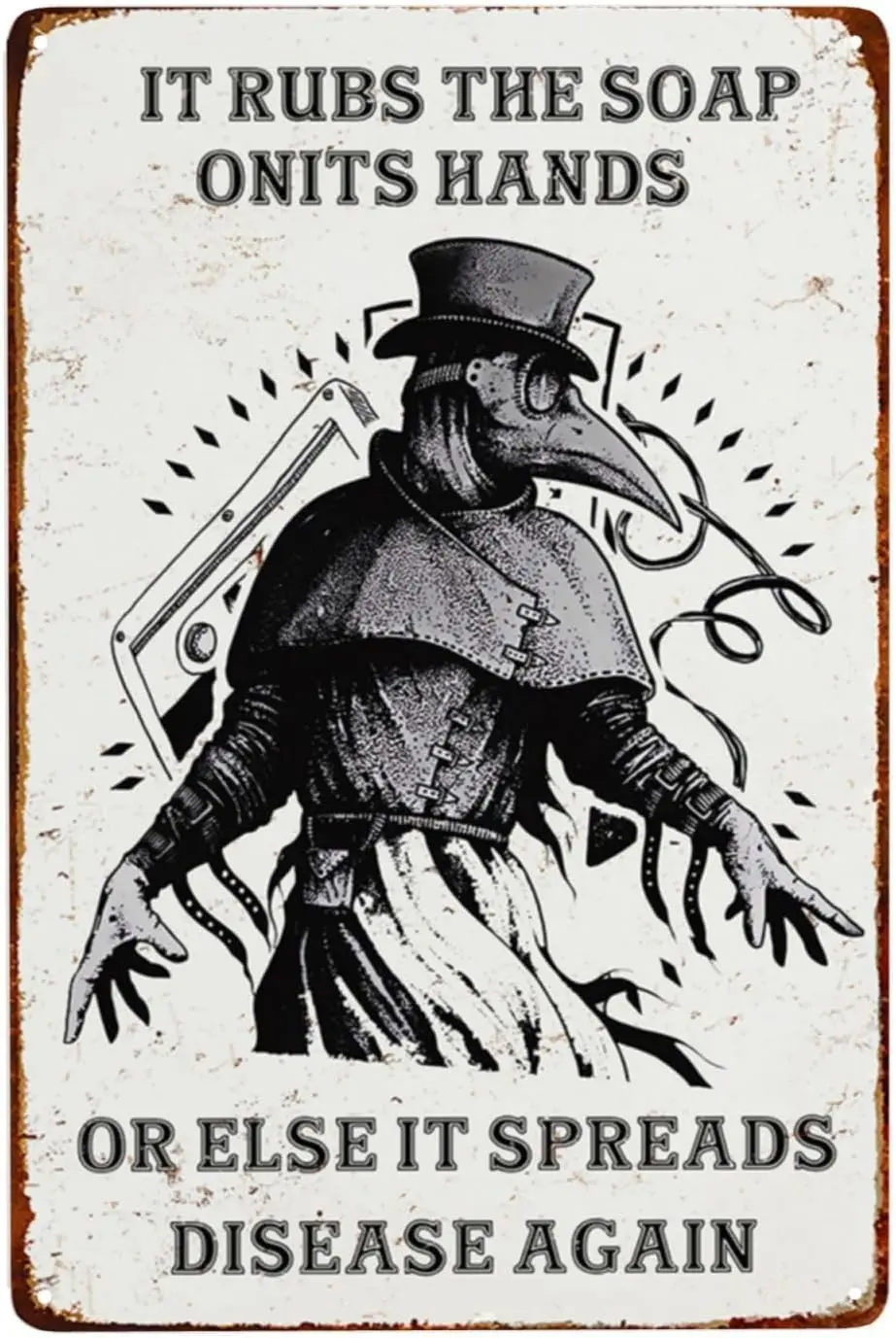 Gothic Wash Your Hands Tin Sign, Goth Bathroom Decor Poster, Plague Doctor Vintage Wall Unique Funny Restroom Art Metal Signs