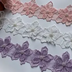 10x 3D Pearl Beaded Flower Embroidered Lace Trim Ribbon Floral Applique Patches Dress Fabric Sewing Craft Vintage 7.5X6.5cm