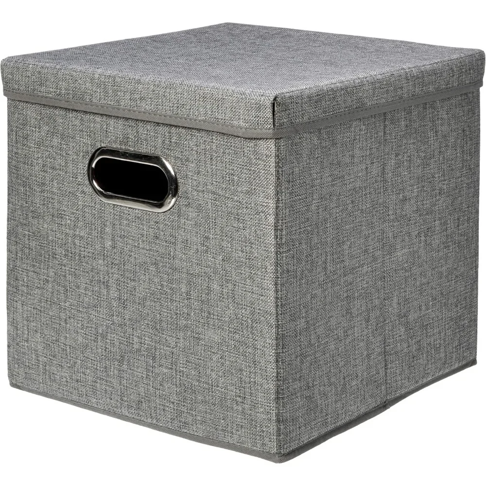 Amazon Basic Collapsible Burlap Block Storage Box with Lid, 2 Piece Set, 2 Side Handles, 13 x 13 x 13 inches, Grey