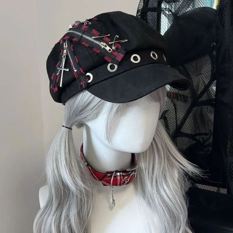 

Japanese retro hottie subculture punk style beret Scrap Earth Harajuku zipper sun cap Women's Y2K Goth plaid cross hip hop hats