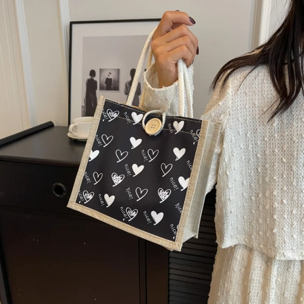

Shoulder Bag Zipper Flower Linen Bag Large Capacity Button Love Heart Tote Bag Gift Bag Organizer Linen Handbag Women