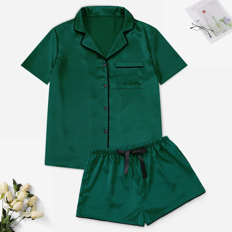 New Female Short Sleeve Shorts Pajamas Set Spring Summer Satin Sleepwer Pijamas Suit Loose Solid Green Home Wear Loungewear
