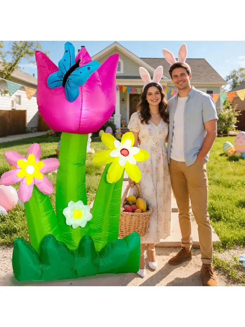 OurWarm 6FT Pasen opblaasbare tulp bloemen decor, buiten lente tuin decor, kleurrijke bloeiende tulpen voor paasfeest - afbeelding 2