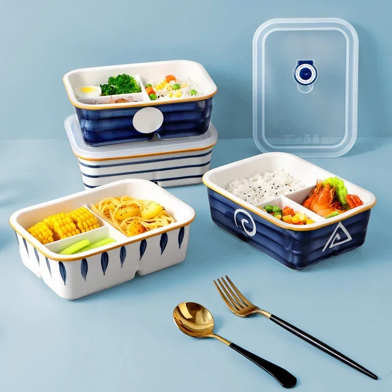 Japanese-style Ceramic Separated Lunch Box Rectangular with Lunch Microwave Box Heating with Lid Storage Tableware