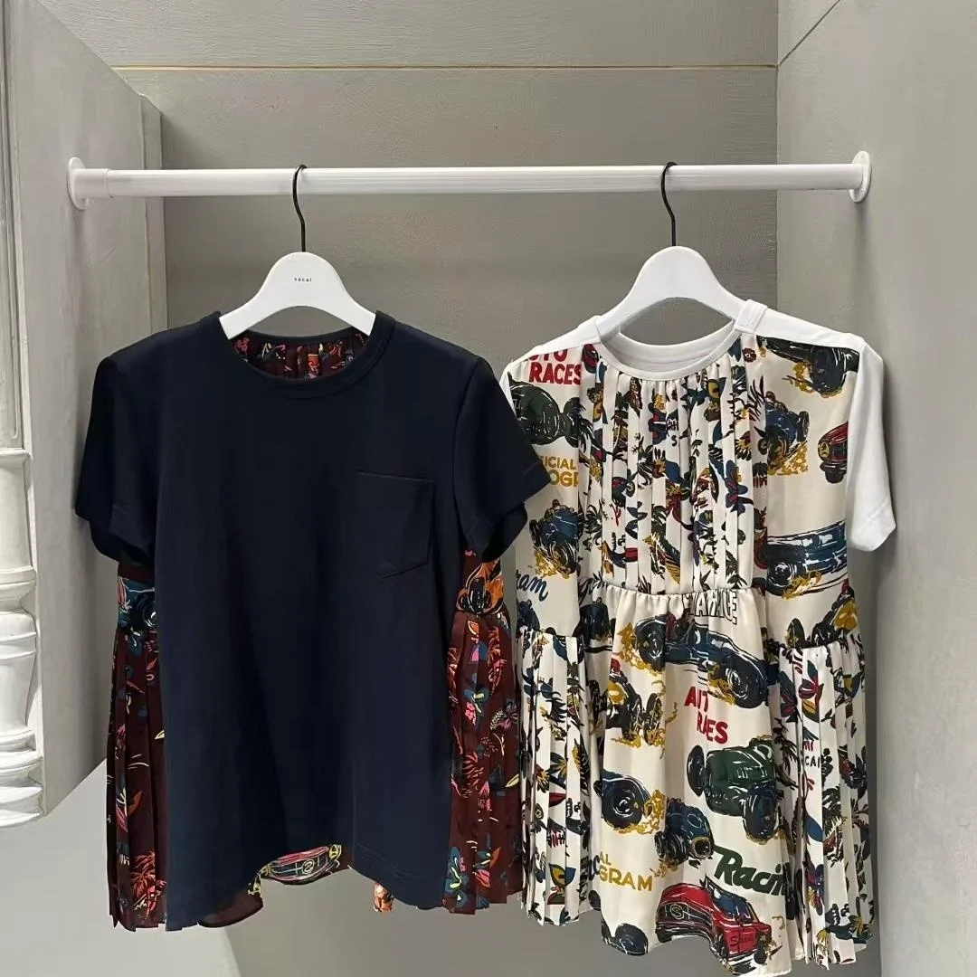 

FOG SACAI Spring New Loose ort Сox Patched T-irt fiti Print f Sve Pleated Design Commuting Sle Polyester Cott...