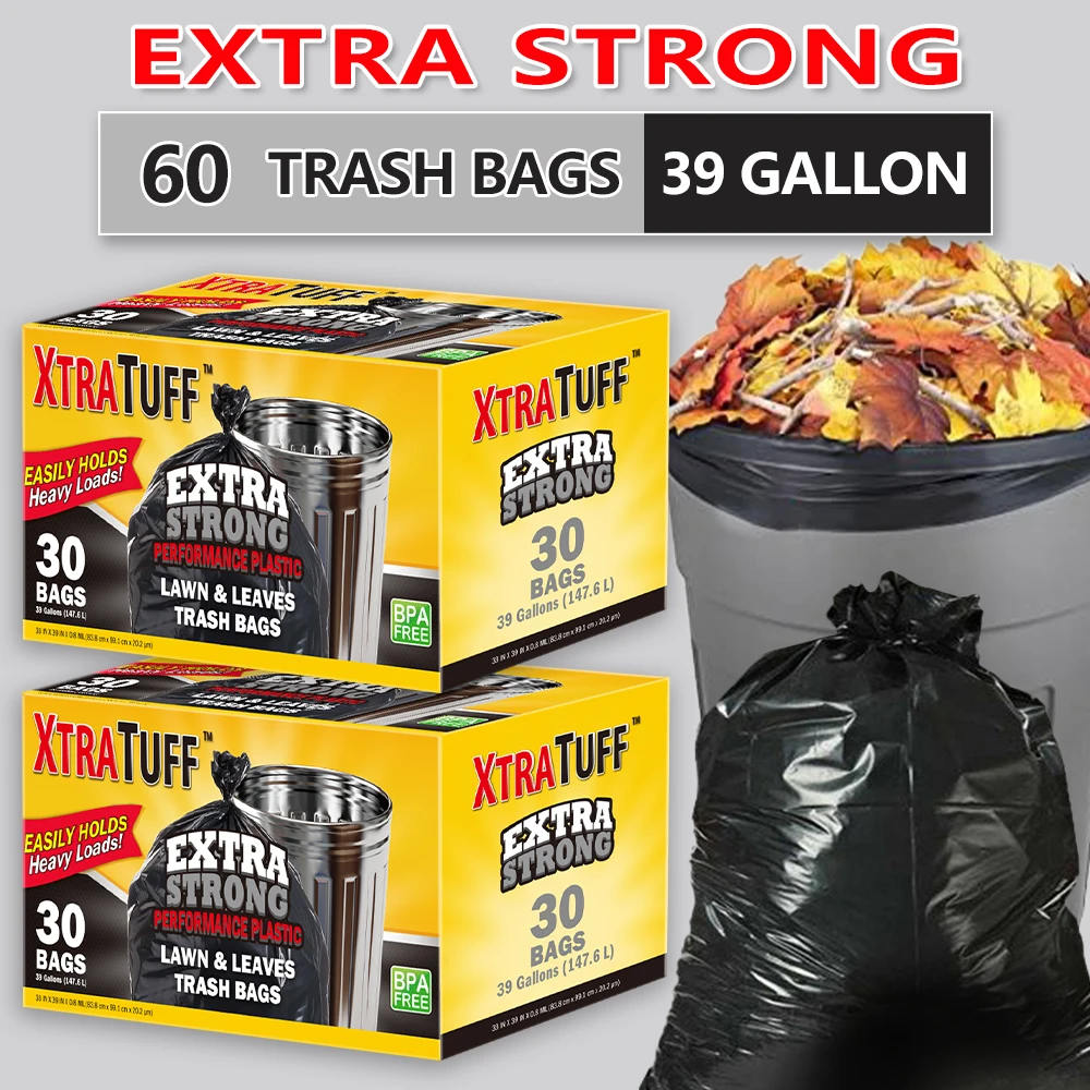 

Xtratuff 39 Gallon Trash Bags Black Large Trash Bag Heavy Duty BPA FREE Garbage Bags for Lawn Leaves 60 Count Strong Rubbish Bag