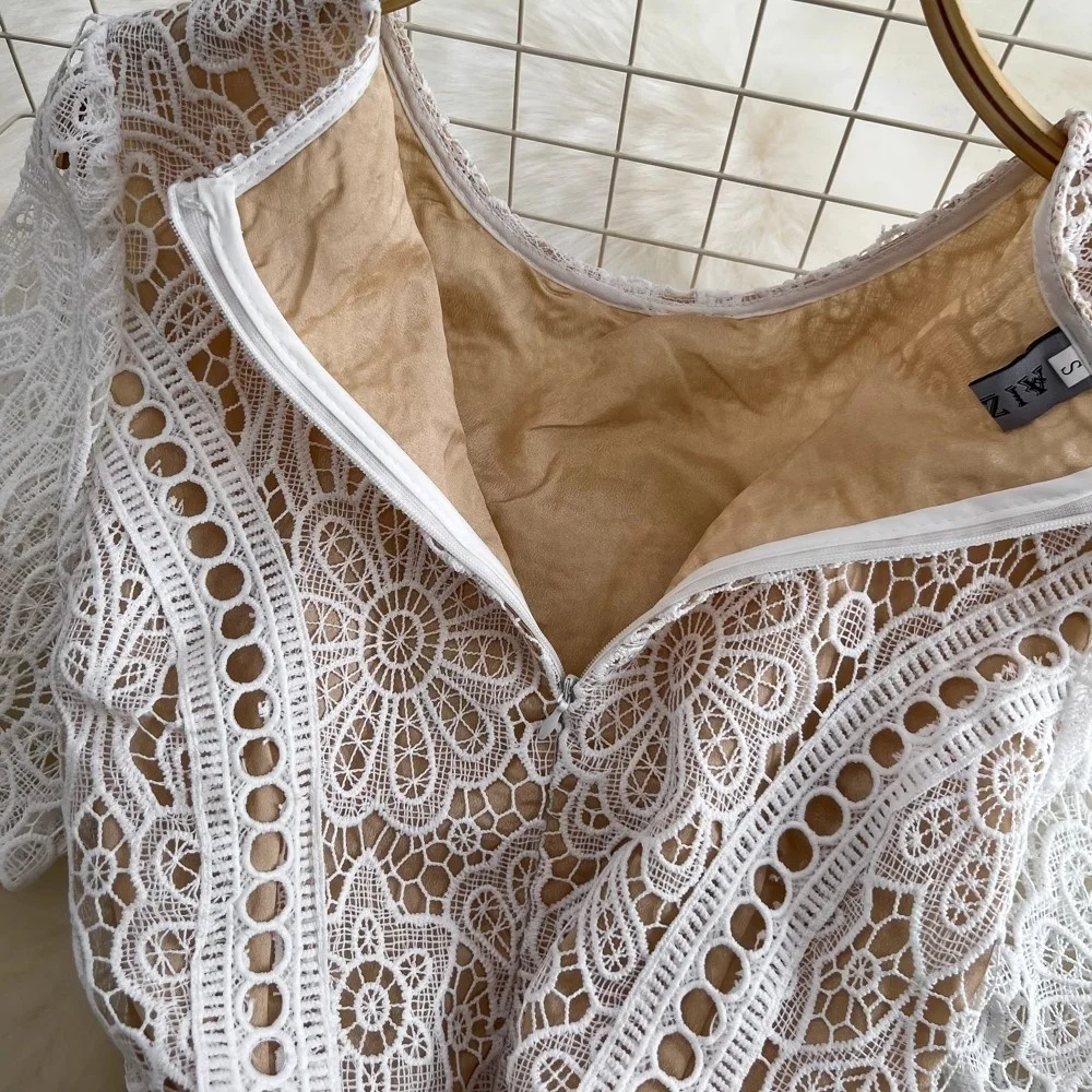 JAMERARY Runway Summer Elegant Lace Dress Women Short Sleeve Flower Embroidery Long Dresses Lady Hollow Evening Party Vestidos