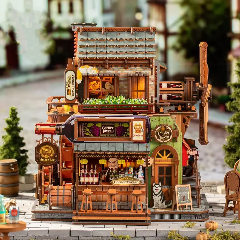 DIY Wooden Corner Tavern Cottage Figurines Miniatures Kits Mini Casa for Friends Birthday Gifts Home Decor Crafts