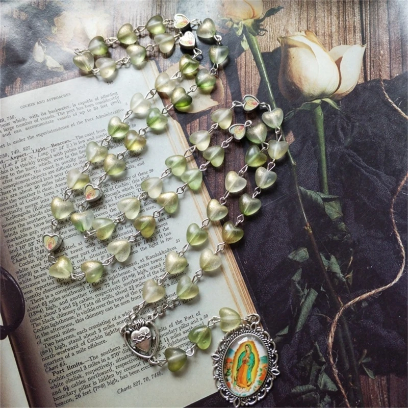 Vintage Hollowed Rose Heart Beads Prayer Rosary Necklace with Glass Pendant for Adding a Touch of Romance to Any Outfit B03E