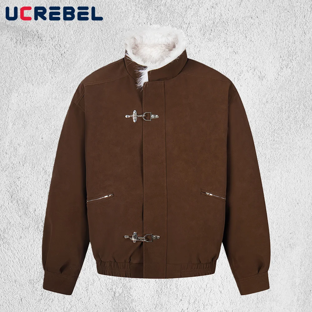 

Button Decoration Stand Collar Jacket Mens Winter Thick Retro High Street Loose Long Sleeve Padded Jacket Man